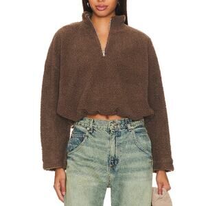 Lna 'Sherpa' Brown Cotton Faux Fur Half Zip Pullover Size XL